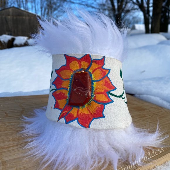 Sheepskin Hand Painted Statement Wrap Bracelet With Healing Stones - Picture 7 of 8